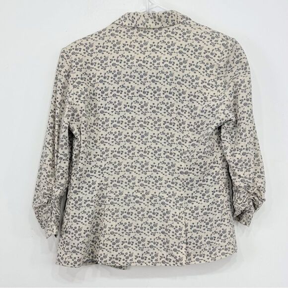 Olivia Moon Cream Blue Floral Print Linen Blend Ruched Sleeve Blazer Jacket - Picture 10 of 16